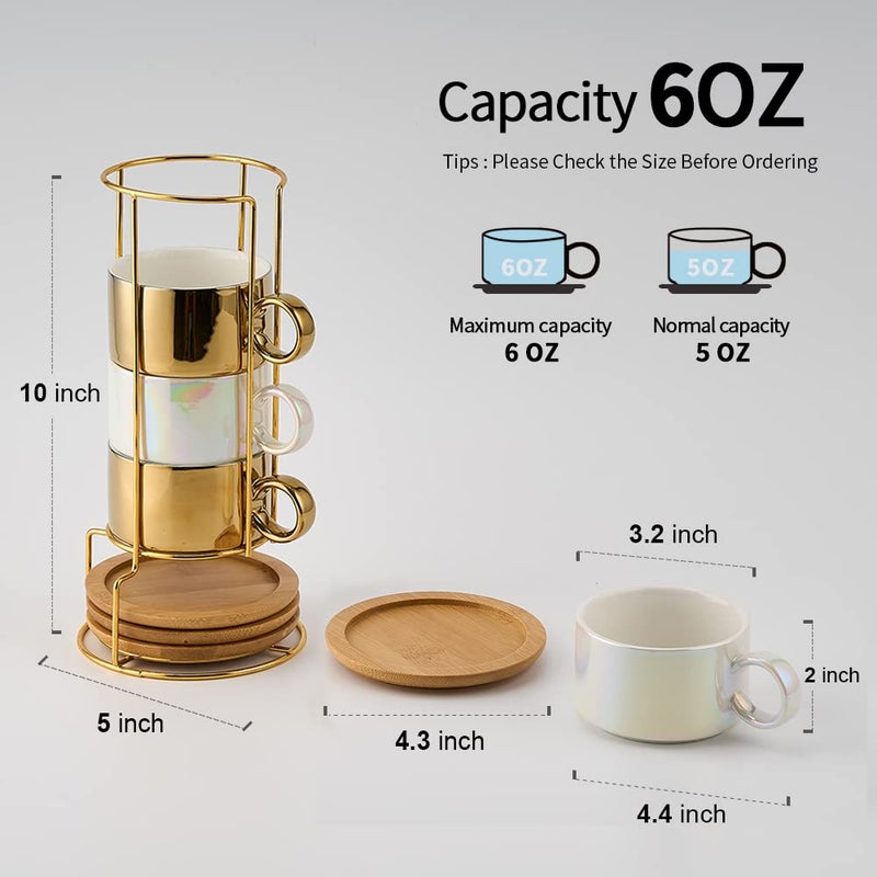 LUKA Porcelain Espresso Cup with Saucers and Metal Stand - 6 Ounce Stackable Ceramic Demitasse Espresso Mugs Cappuccino Cups Set for Latte, Coffee, Cafe Mocha, Tea - Set of 4,Shimmer Golden - Image 2