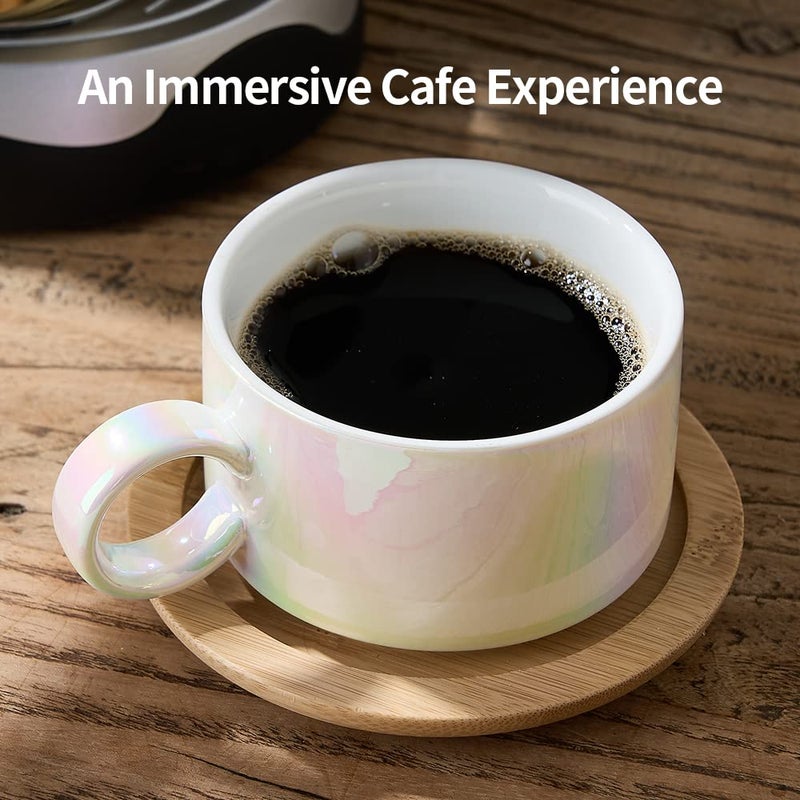 LUKA Porcelain Espresso Cup with Saucers and Metal Stand - 6 Ounce Stackable Ceramic Demitasse Espresso Mugs Cappuccino Cups Set for Latte, Coffee, Cafe Mocha, Tea - Set of 4,Shimmer Golden - Image 3