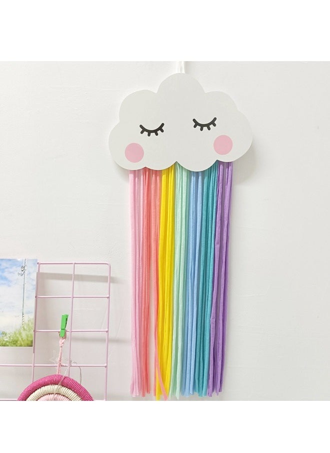 Wooden cloud smiley pendant, rainbow cloth outline vivid fairy tale world