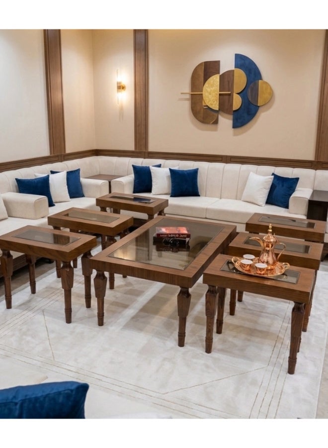 Natural wood hospitality table set with 6 serving pieces