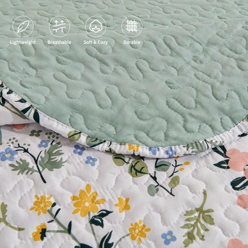 LEAONME 3-Piece Full Queen Size Quilt Set Lightweight Bedspread Coverlet 90''x98'' Garden Style Floral Printed Oversized Bedding Set with Shams for All Season - Image 5