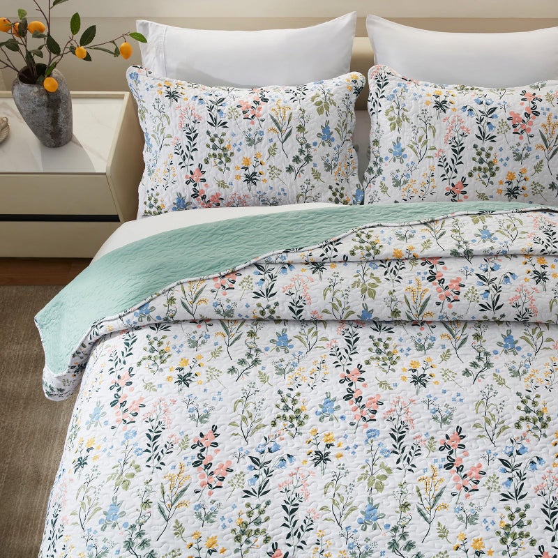 LEAONME 3-Piece Full Queen Size Quilt Set Lightweight Bedspread Coverlet 90''x98'' Garden Style Floral Printed Oversized Bedding Set with Shams for All Season - Image 3