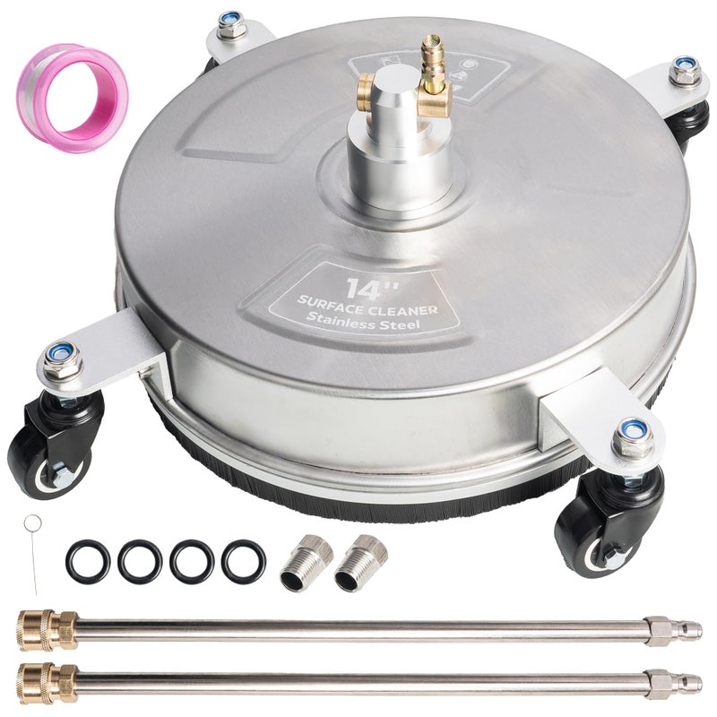 Hourleey 14" Pressure Washer Surface Cleaner, Stainless Steel Surface Cleaner with 4 Wheels for Concrete, Patio, Sidewalk, Deck, Pathway 1/4" Quick Connector, 2 Extension Wand, 4000 PSI - Image 1