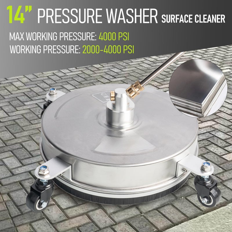 Hourleey 14" Pressure Washer Surface Cleaner, Stainless Steel Surface Cleaner with 4 Wheels for Concrete, Patio, Sidewalk, Deck, Pathway 1/4" Quick Connector, 2 Extension Wand, 4000 PSI - Image 3
