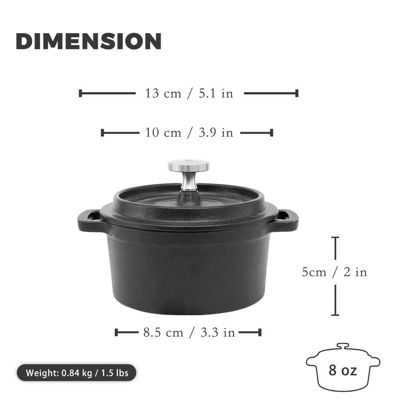 Flavehc Mini Cocotte 8 oz Mini Dutch Oven 0.25 qt. Cast Iron Garlic Roaster for Oven Garlic Confit Pot Ramekins with Lids Oven Safe Set of 2, Black - Image 3
