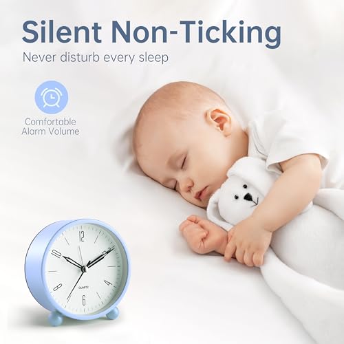 Jall Analog Alarm Clock, 4 inch Super Silent Non Ticking Small Clock with Night Light, Battery Operated, Simple Design, Old fashioned Style SkyBlue decor, for Bedroom, Bedside, Desk, Adult, Kid, Gift, Blue - Image 2
