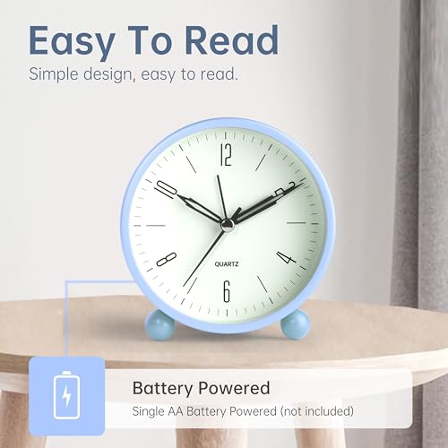 Jall Analog Alarm Clock, 4 inch Super Silent Non Ticking Small Clock with Night Light, Battery Operated, Simple Design, Old fashioned Style SkyBlue decor, for Bedroom, Bedside, Desk, Adult, Kid, Gift, Blue - Image 3