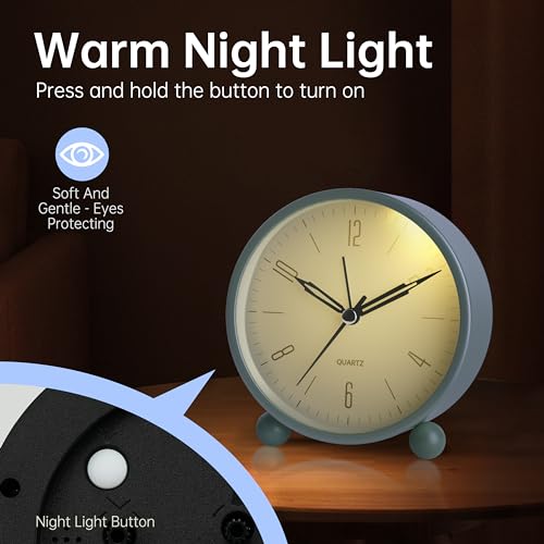 Jall Analog Alarm Clock, 4 inch Super Silent Non Ticking Small Clock with Night Light, Battery Operated, Simple Design, Old fashioned Style SkyBlue decor, for Bedroom, Bedside, Desk, Adult, Kid, Gift, Blue - Image 4