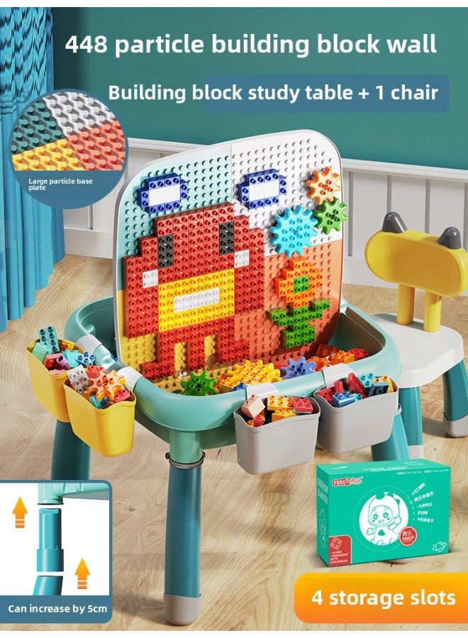 متوافقة مع طاولة مكعبات بناء ليغو فيلي، ألعاب مجمعة متعددة الوظائف للأطفال الأولاد يتعلمون جزيئات كبيرة لون الطفل: طاولة مكعبات بناء قابلة للتعديل + كرسي واحد + جدار مكعبات بناء 448 - Image 1