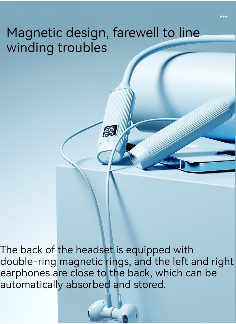 Generic Roman Pattern Wireless Bluetooth Headset Neck Hanging In-ear Bluetooth Sports Headset Digital Display Large Battery Long Endurance Neck Hanging Game Wireless Earphone With Hands-free Function (Blue)  - Image 3