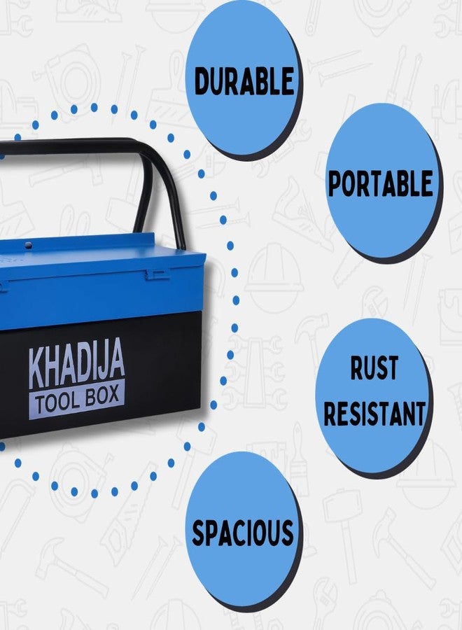 KHADIJA صندوق أدوات خديجة المعدني ذو 3 أقسام ومقبض مزدوج للتخزين الكبير (أسود أزرق) - Image 4