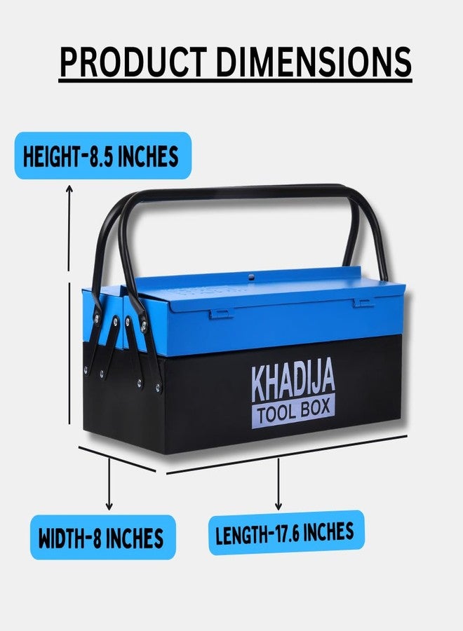 KHADIJA صندوق أدوات خديجة المعدني ذو 3 أقسام ومقبض مزدوج للتخزين الكبير (أسود أزرق) - Image 2