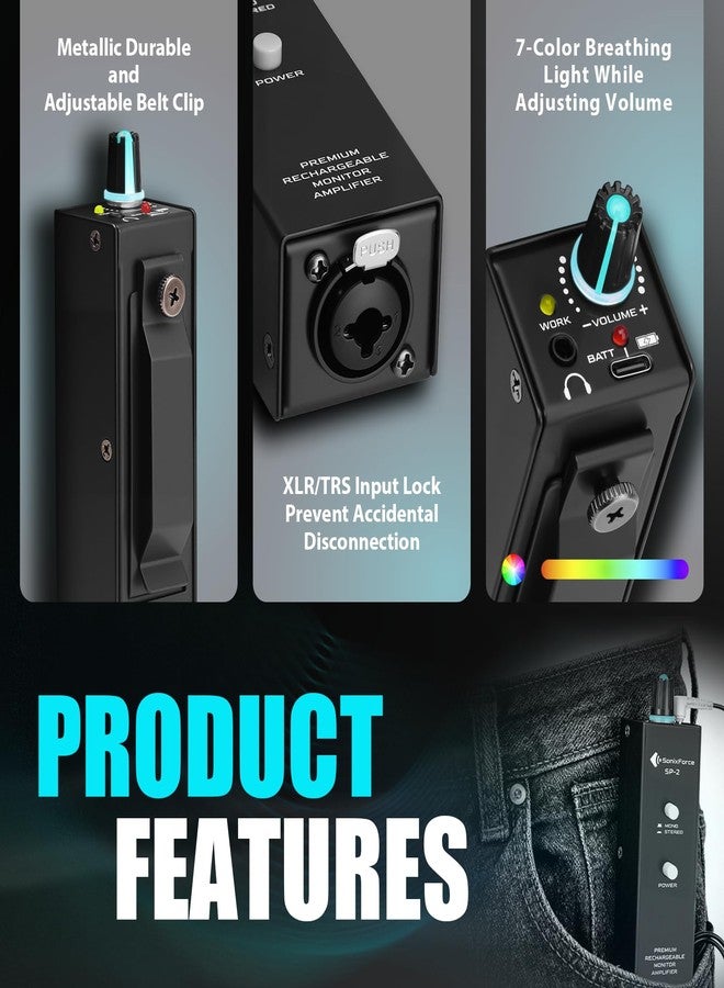SonixForce Portable in Ear Monitor Amplifier, Headphone Amp with XLR and TRS Input 3.5mm Output, Enhanced Sound Quality, Durable Belt Clip, Guitar Headphone Amplifier with Stereo/Mono Switch for Performers - Image 4
