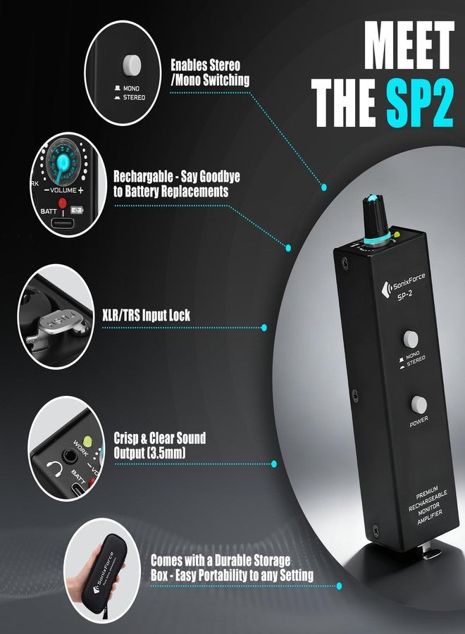SonixForce Portable in Ear Monitor Amplifier, Headphone Amp with XLR and TRS Input 3.5mm Output, Enhanced Sound Quality, Durable Belt Clip, Guitar Headphone Amplifier with Stereo/Mono Switch for Performers - Image 2