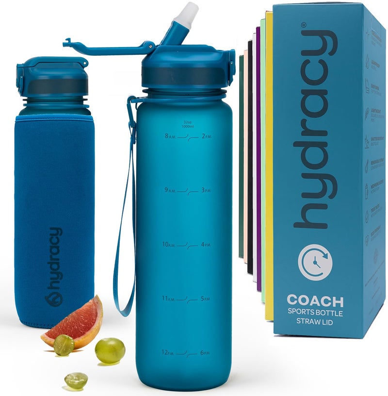 Hydracy Water Bottle with Times to Drink & Straw - Large 32 Oz BPA Free Motivational Water Bottle & No Sweat Sleeve -Leak Proof Gym Bottle with Time Marker - Ideal for Fitness, Sports & Outdoors - Image 1