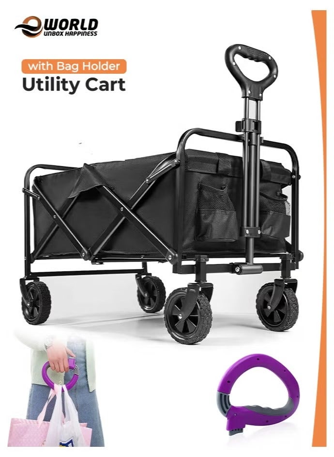 MOSH Foldable Shopping Cart – Heavy-Duty 100kg Utility Trolley with Adjustable Handle, 2 Pockets & 360° Wheels, Waterproof Fabric, Compact for Beach, Camping, Outdoor Garden Cart & Daily Use – Black - Image 1