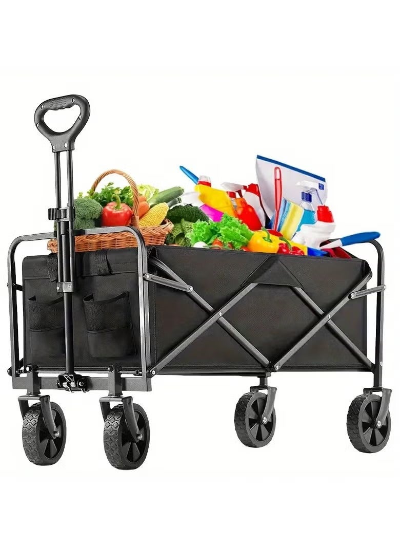 MOSH Foldable Shopping Cart – Heavy-Duty 100kg Utility Trolley with Adjustable Handle, 2 Pockets & 360° Wheels, Waterproof Fabric, Compact for Beach, Camping, Outdoor Garden Cart & Daily Use – Black - Image 4