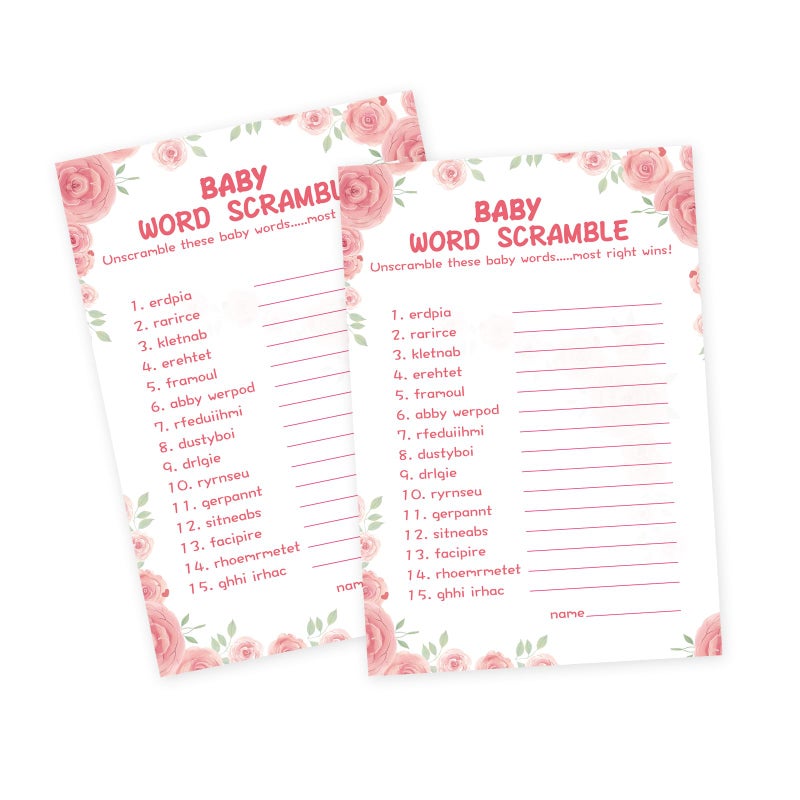 OLOUTAB 50 Baby Shower Games for Girl  Floral Theme Word Scramble Thick Cardstock Fun and Easy to Play With Answer