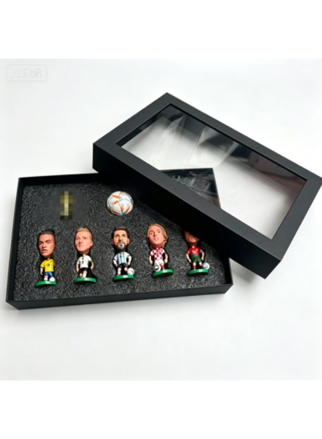 Football Star Figurine Gift Set, 5 Q-Version PVC Player Figurines with Mini Soccer Ball & Trophy in Display Box - Image 1