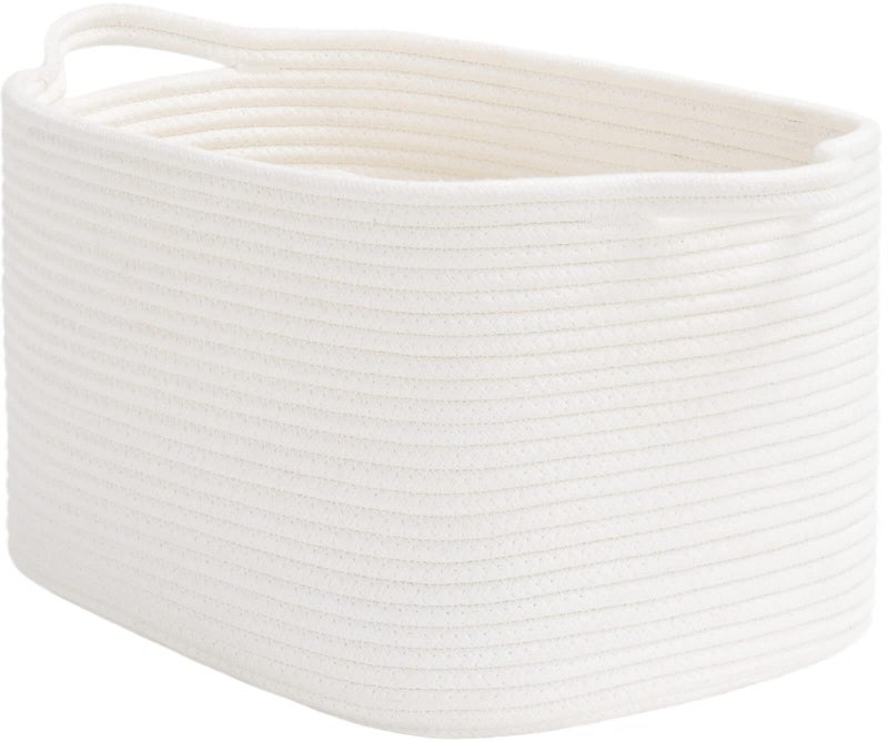 Goodpick White Woven Rope Basket with Handles Medium Rectangle Basket for Books Toys Towels Square Decorative Baskets for Living Room Nursery Shelf Baskets for Bedroom 13 x 10 x 9