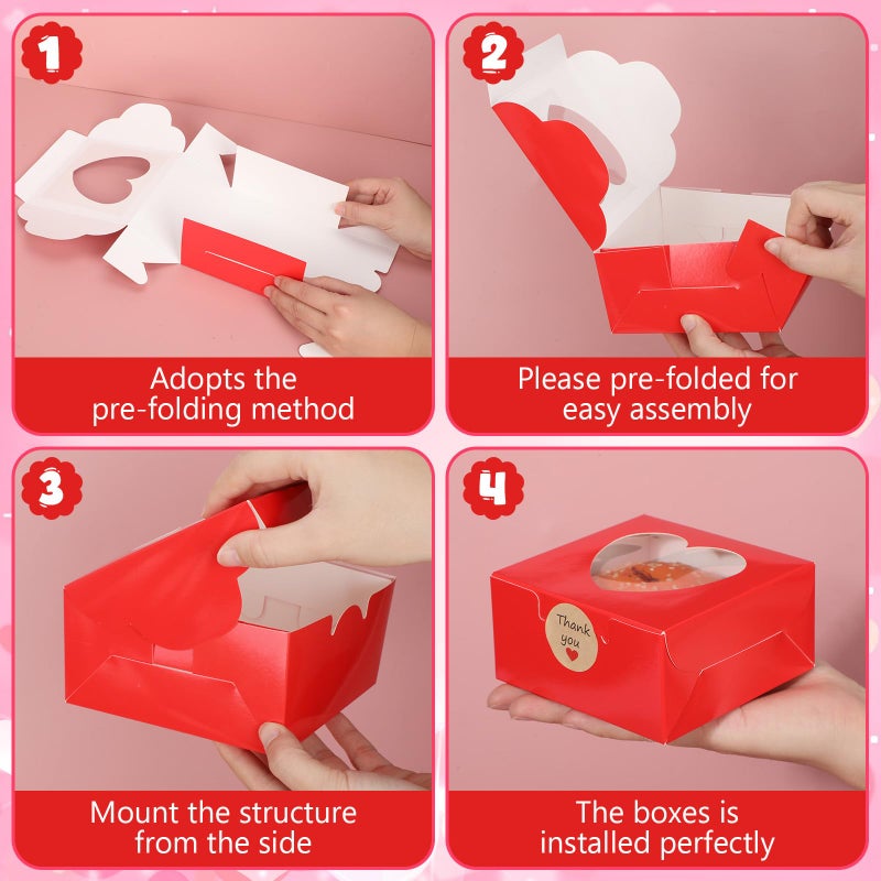 Janlaugh 50 Pcs Red Bakery Boxes for Women Mother with Window Heart Cupcake Treat Cookie Dessert Box Bulk Mom Gift for Chocolate Strawberries Donuts Candy Party Favor (6x6x2.5 Inch) - Image 4