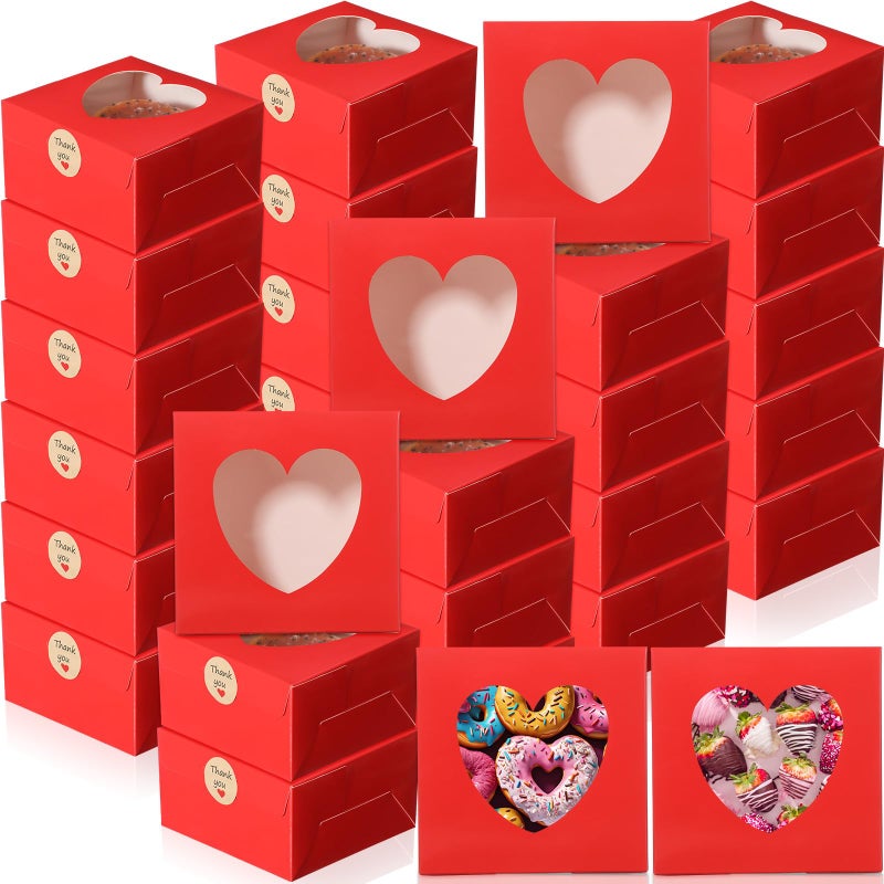 Janlaugh 50 Pcs Red Bakery Boxes for Women Mother with Window Heart Cupcake Treat Cookie Dessert Box Bulk Mom Gift for Chocolate Strawberries Donuts Candy Party Favor (6x6x2.5 Inch) - Image 1