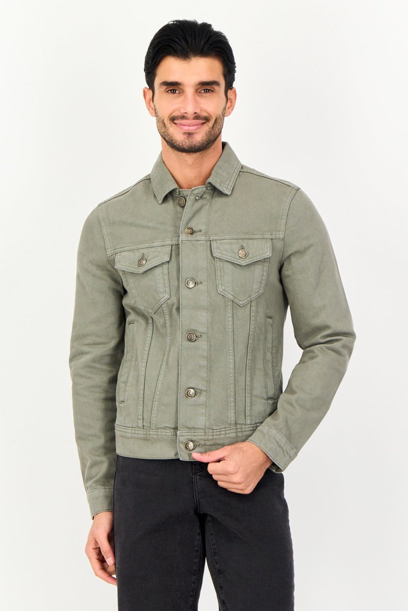 Celio Men Solid Denim Jacket, Light Olive - Image 1