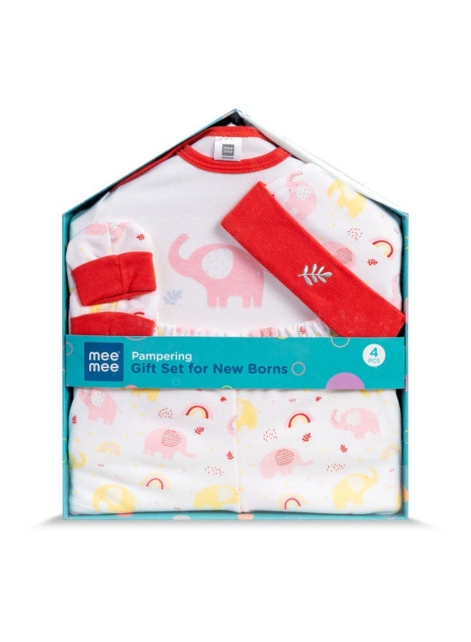 Mee Mee New Born Baby Gift Set | Soft Cotton Clothing Essentials for Infants/Baby Girls, Boys | Baby Shower Clothing Hamper (4 Pieces, Red)| Ideal Gift for New Born Baby - Image 1
