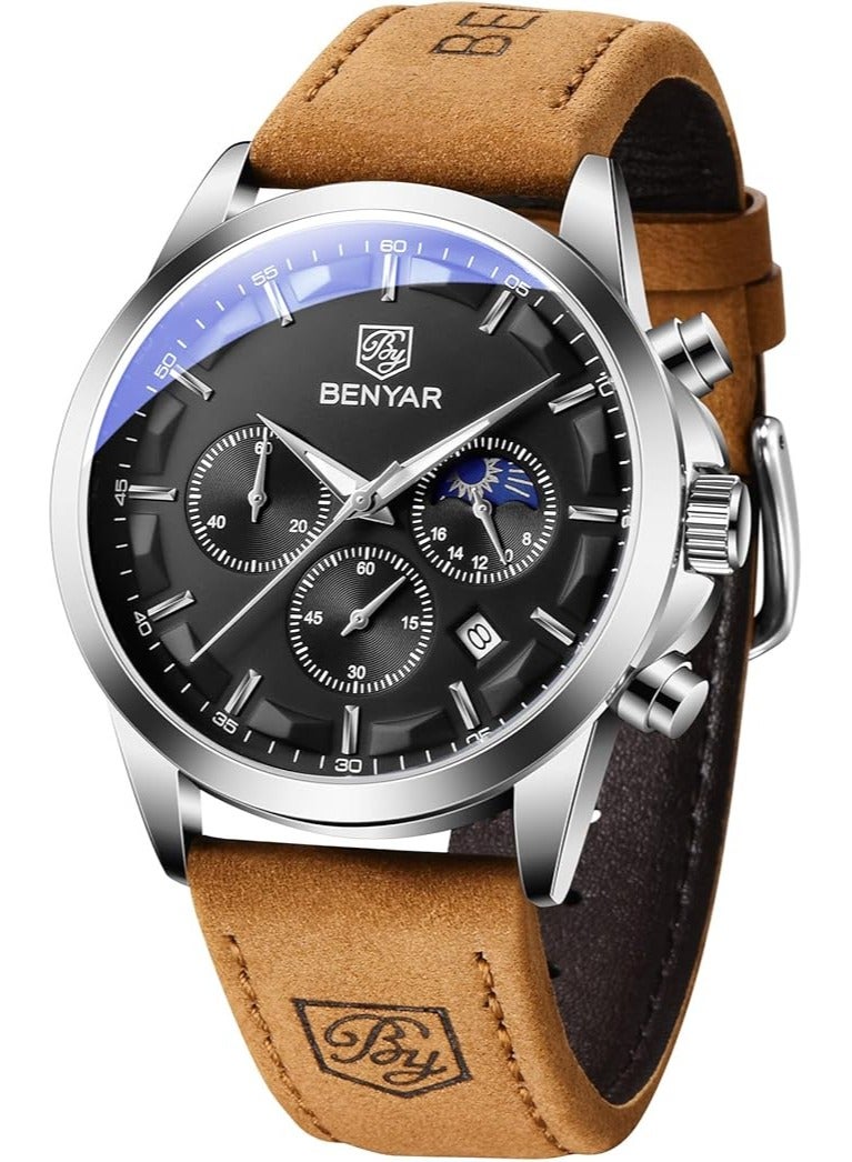 Mens Watches Multifunction Chronograph Date Quartz Watch for Men Brown Leather Band Analog Wrist Watch Gift for Men Casual Business