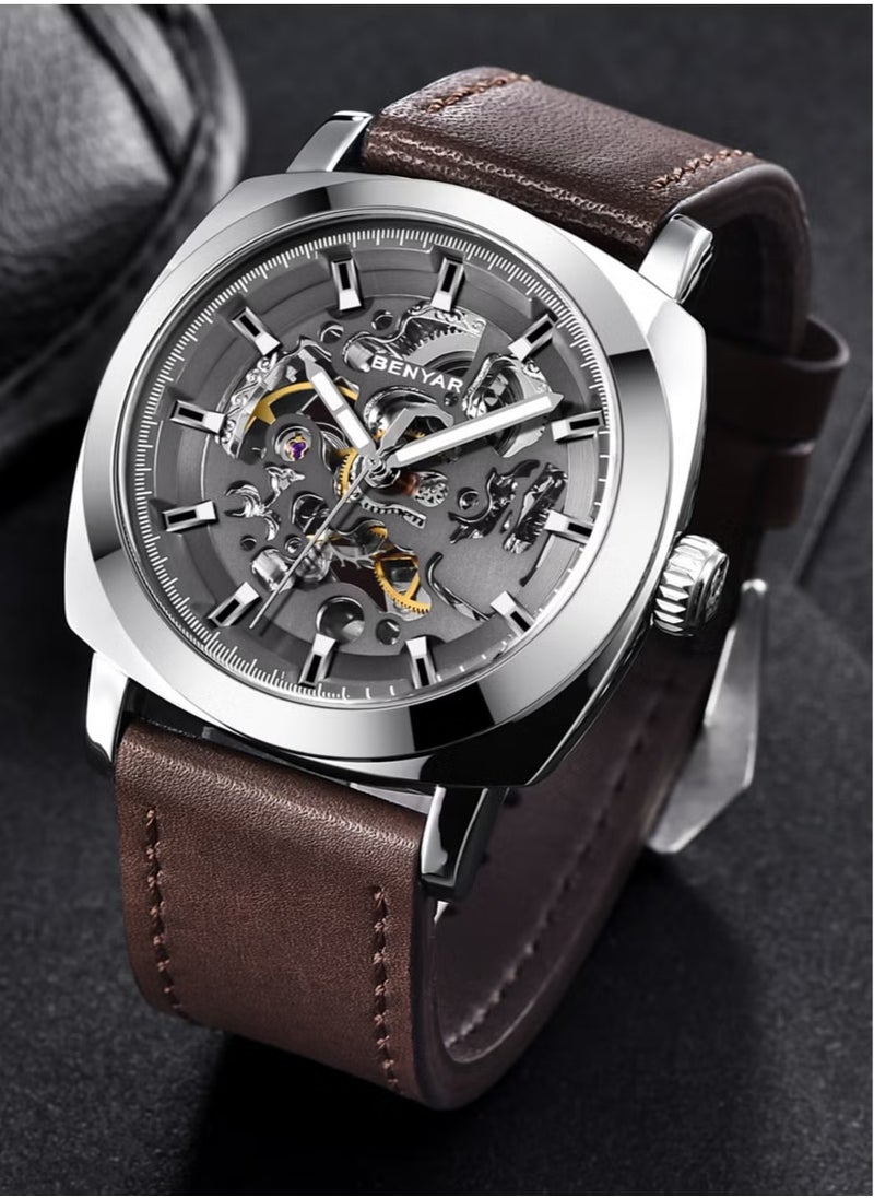 BENYAR Automatic Watches for Men Skeleton Mechanical Leather Strap Mens Watch 30M Waterproof Men's Stylish Gift  - Image 5