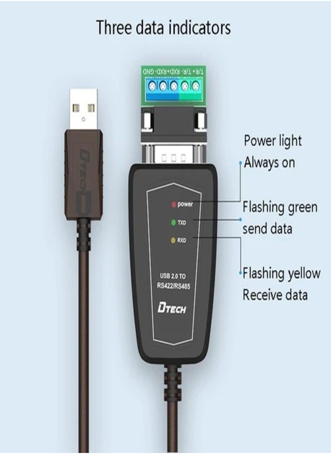 DTech - DTECH USB to RS485 Adapter RS422 Serial Port Cable with CP2102 Chip Terminal Board LED Lights Ferrite Core for Windows 11 10 8 7 XP Mac 1.5Meter - Image 1