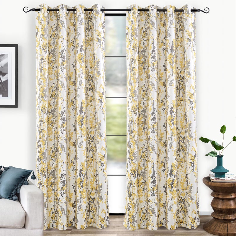 DriftAway DriftAway Leah Abstract Floral Blossom Ink Painting Room Darkening Thermal Insulated Grommet Unlined Window Curtains 2 Panels Each Size 52 Inch by 96 Inch Golden Yellow Silver Gray - Image 1
