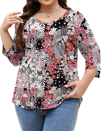 TFSDOD 3/4 Sleeve Tops for Women V Neck Shirts Plus Size Long Sleeve Shirts Dressy Casual Fall 2024 Black Red Floral 3XL - Image 2