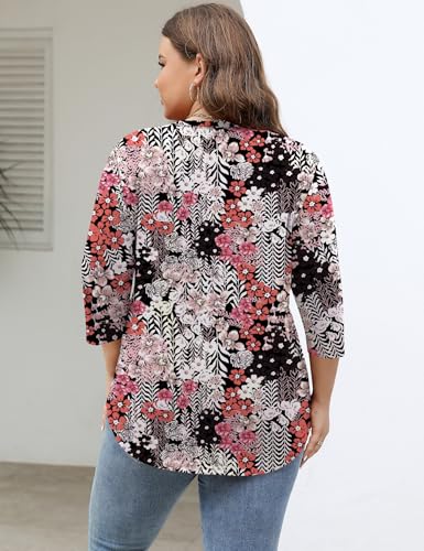 TFSDOD 3/4 Sleeve Tops for Women V Neck Shirts Plus Size Long Sleeve Shirts Dressy Casual Fall 2024 Black Red Floral 3XL - Image 3