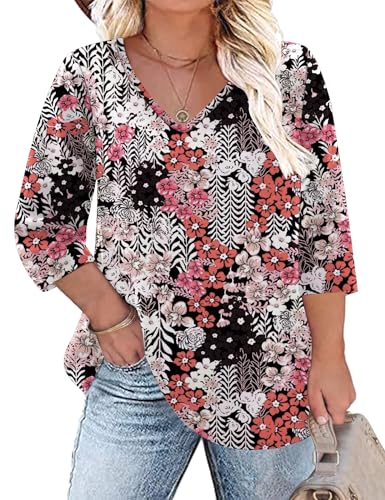 TFSDOD 3/4 Sleeve Tops for Women V Neck Shirts Plus Size Long Sleeve Shirts Dressy Casual Fall 2024 Black Red Floral 3XL - Image 1