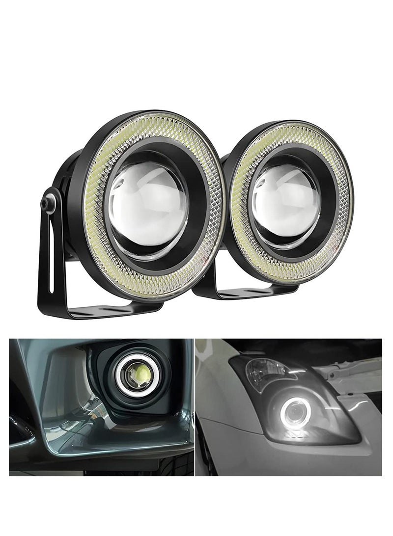 SYOSI Car Angel Eye Fog Light, 2PCS Round COB LED Lamp High Power Bright, with White Halo Angel Eye Rings Headlight, Universal Daytime Running Light DRL Car Driving Bulbs Projector (White) - Image 1