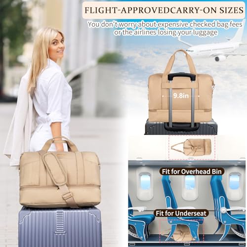 Stuery Lightweight Puffer Gym Bag for Women: Small Carry on Tote Bag for Travel with Shoe Compartment & Wet Pocket, Overnight Weekender Duffel for Airplane Traveling Girls & Teens, Khaki - Image 5