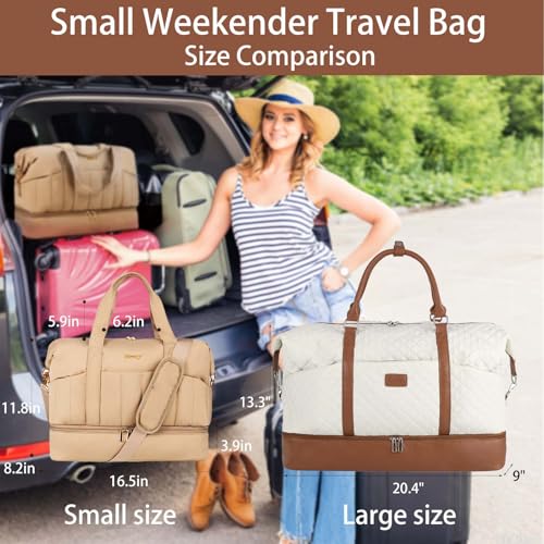 Stuery Lightweight Puffer Gym Bag for Women: Small Carry on Tote Bag for Travel with Shoe Compartment & Wet Pocket, Overnight Weekender Duffel for Airplane Traveling Girls & Teens, Khaki - Image 2