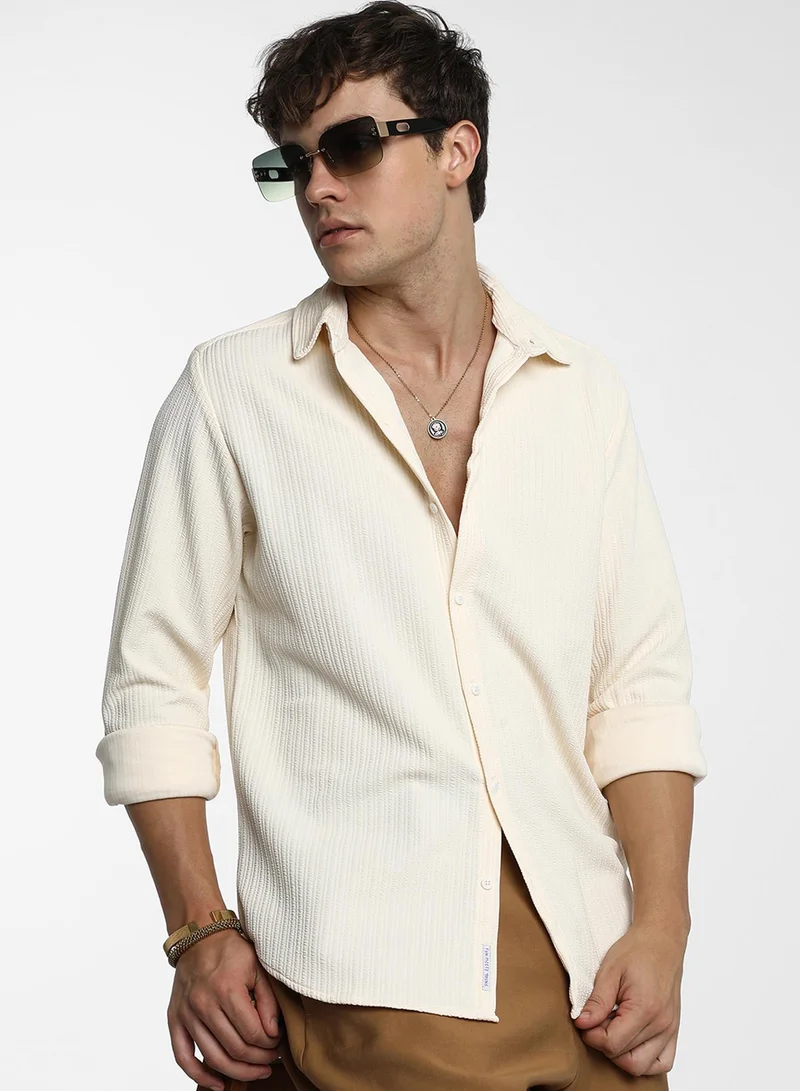 Men's Pale Yellow Stripe-Creased Shirt For Casual Wear | Spread Collar | Long Sleeve | Button Closure | Shirt Crafted With Comfort Fit For Everyday Wear