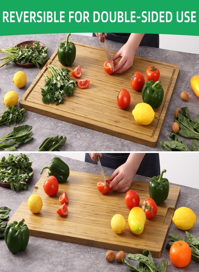 Takywep 24x18 Inch Large Cutting Board for Kitchen, Bamboo Wood Butcher Block Chopping Board with Handles and Juice Grooves, Reversible Cheese Board Charcuterie Serving Tray - Image 3