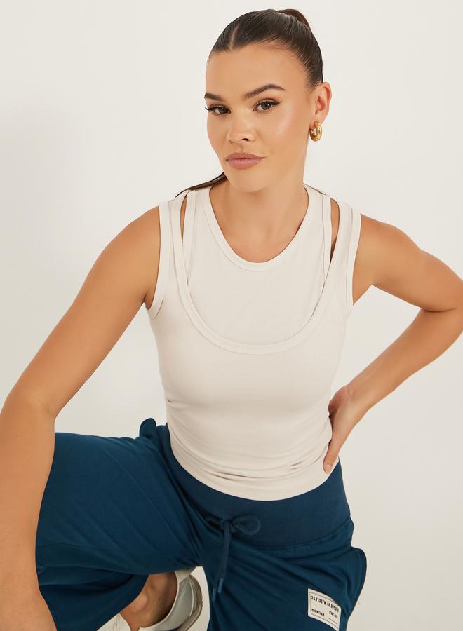 Styli Solid Layered Neck Fitted Tank T-Shirt  - Image 1