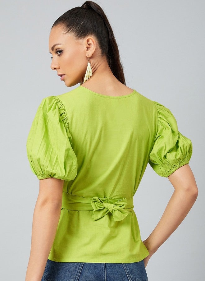 Athena Lime Green Wrap Top With Puffed Sleeves For Women - Image 5