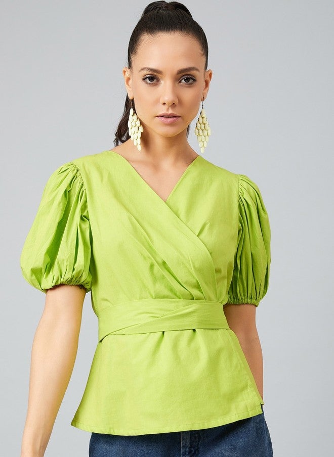 Athena Lime Green Wrap Top With Puffed Sleeves For Women - Image 1