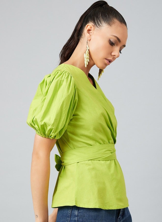 Athena Lime Green Wrap Top With Puffed Sleeves For Women - Image 3