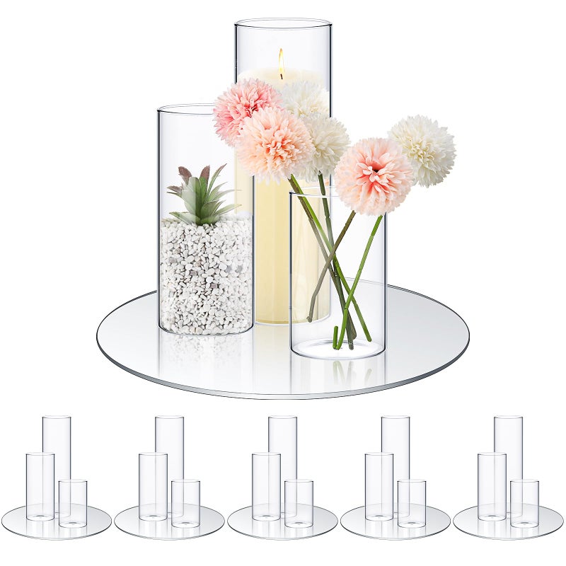 Sawysine Sawysine 6 Sets 26 x 47 59 79 Round Glass Mirror Trays Glass Cylinder Vases Wedding Table Flower Vase with Mirror Set Table Centerpiece Decoration for Wedding Craft Baby Shower Party 