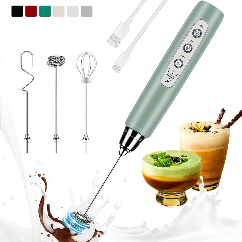 Colarlemo Milk Frother Handheld Rechargeable, Frother Wand Drink Mixer Electric Whisk for Coffee, Detachable With 3 Stainless Whisks, Hand Mixer for Lattes, Cappuccino, Matcha, No Stand, Sage Green - Image 1