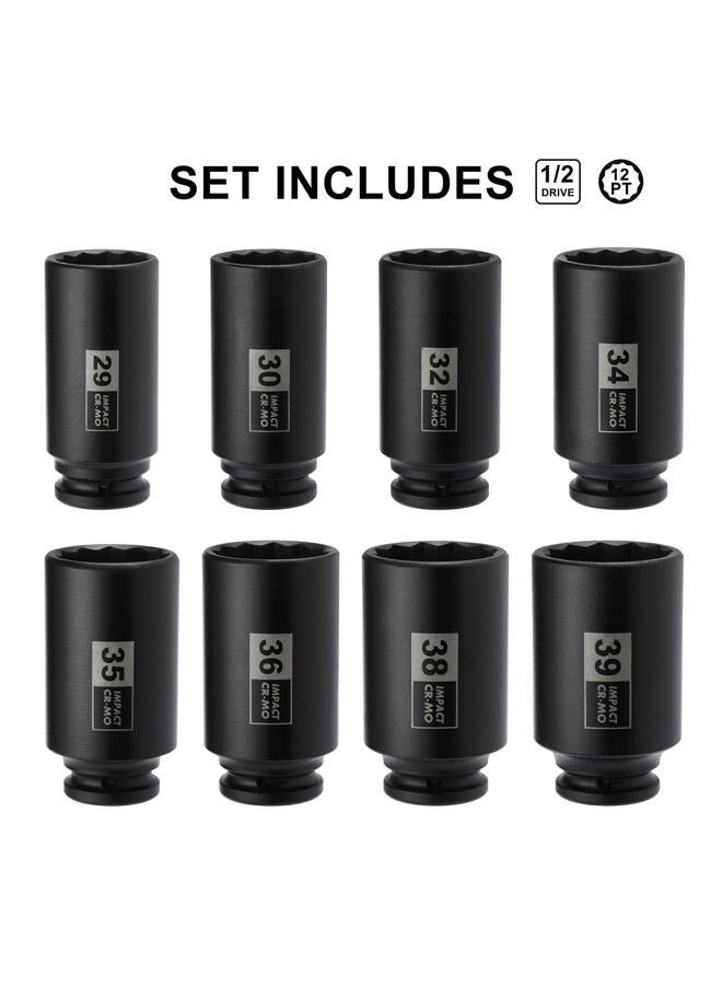 Mayouko 8PCS 1/2" Deep Axle Nut Impact Socket Set, CR-MO, 12 Point Design, Metric, 29,30,32,34,35,36,38,39mm, 1/2 Inch Extra Deep Impact Socket - Image 2