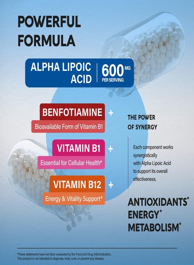 NUTRAHARMONY Alpha Lipoic Acid 600mg - ALA Supplement Antioxidant for Nerve, Energy & Metabolism Support - Extra Strength with Benfotiamine, B1 & B12 - Lab Tested, NON-GMO & Vegan - 120 Capsules, 2 Month Supply - Image 4