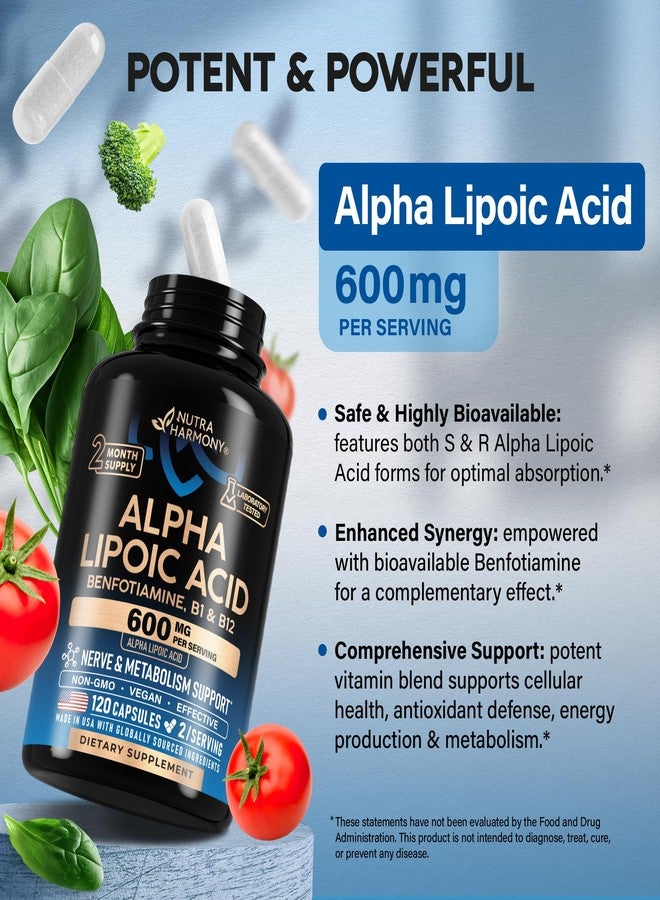 NUTRAHARMONY Alpha Lipoic Acid 600mg - ALA Supplement Antioxidant for Nerve, Energy & Metabolism Support - Extra Strength with Benfotiamine, B1 & B12 - Lab Tested, NON-GMO & Vegan - 120 Capsules, 2 Month Supply - Image 3