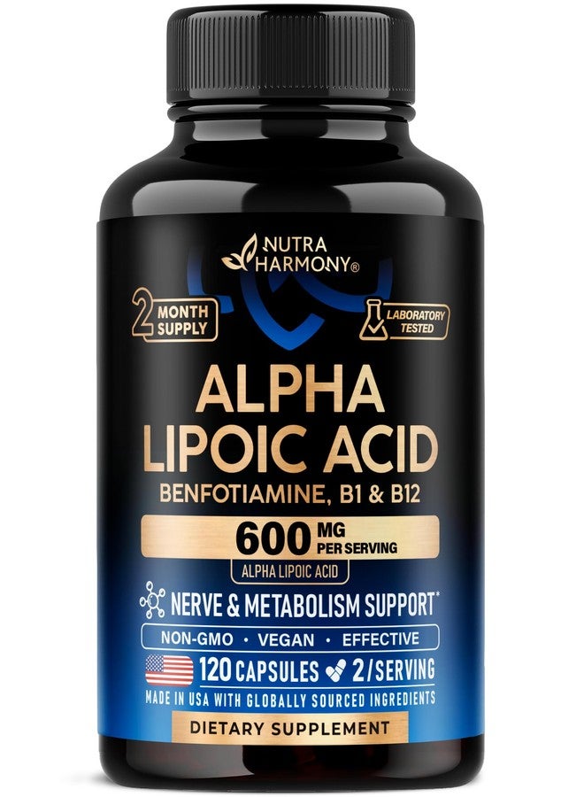 NUTRAHARMONY Alpha Lipoic Acid 600mg - ALA Supplement Antioxidant for Nerve, Energy & Metabolism Support - Extra Strength with Benfotiamine, B1 & B12 - Lab Tested, NON-GMO & Vegan - 120 Capsules, 2 Month Supply - Image 1